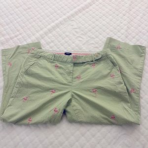 J. Crew Light Green Gingham Straight-Leg Pants with Pink Flamingo Embroidery